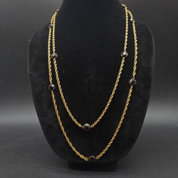 Black Glass Gold Tone Chain Necklace Long Layering Vintage Jewelry - Picture 1 of 7